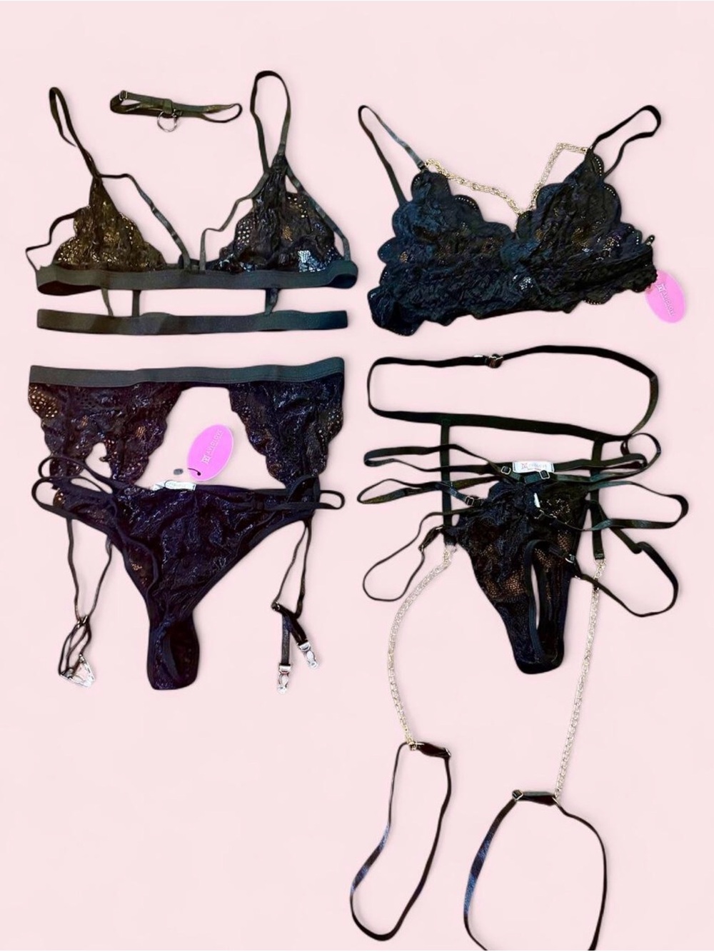 Black Lace Strappy Bra & Garter Lingerie Set